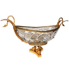 A Substantial Ormolu Dore Bronze & Signed Cut Crystal Swan Centerpiece