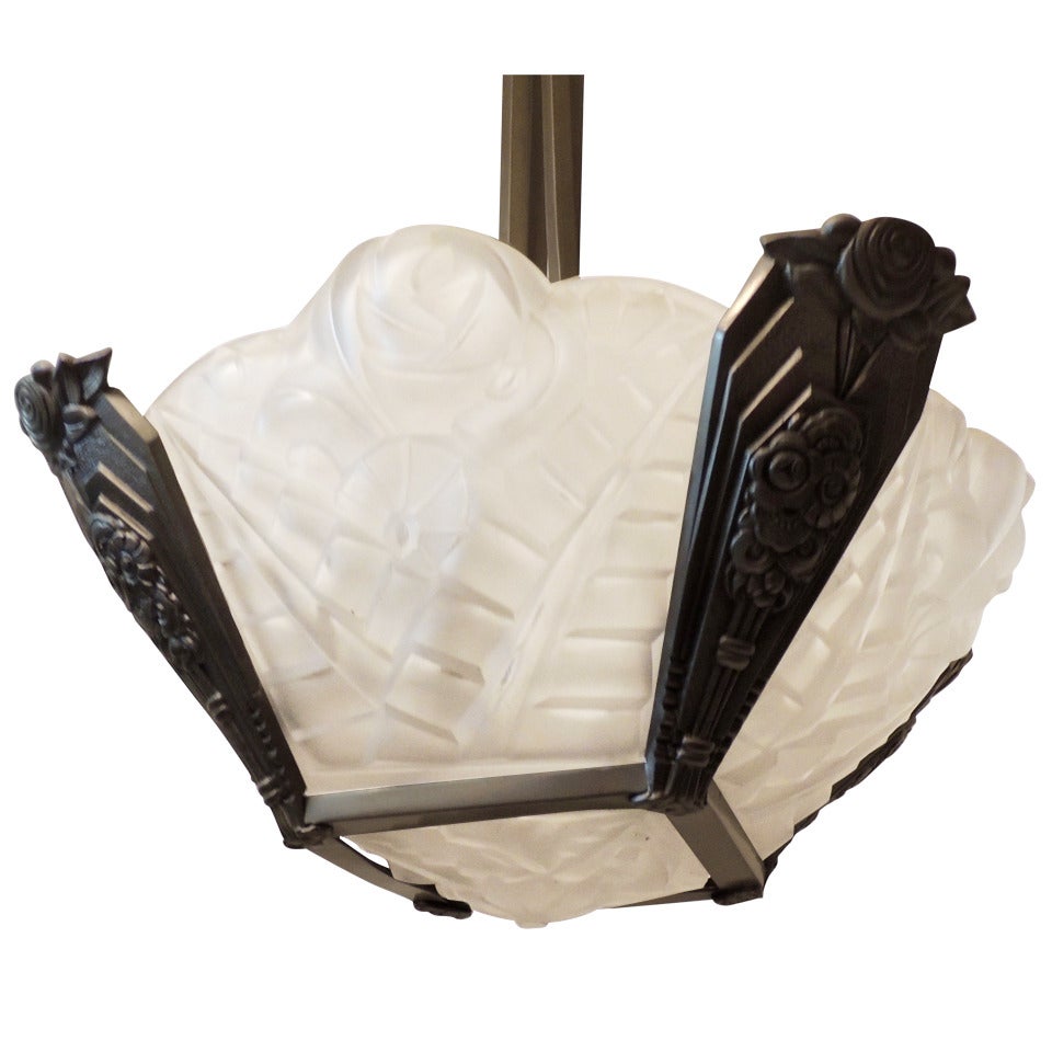 Wonderful Art Deco Glass and Silvered Bronze Light Fixture Signed Degas For Sale