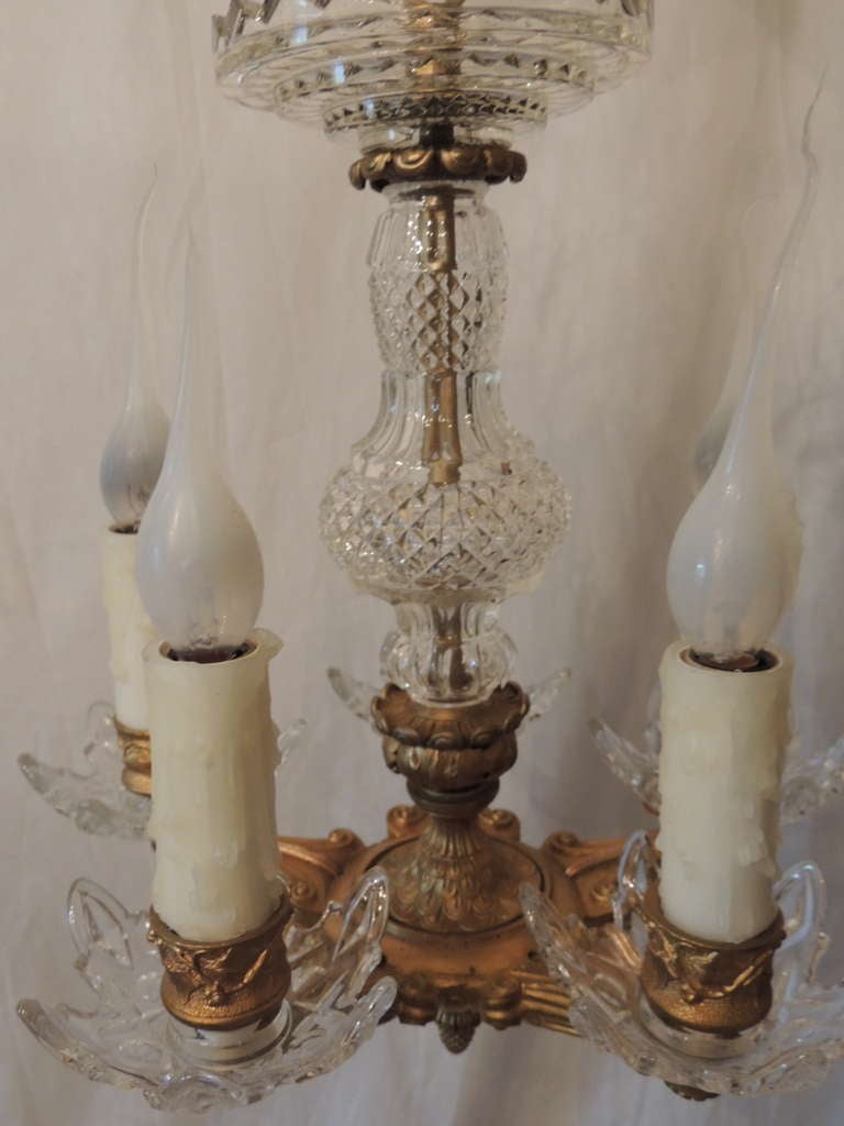 Belle Époque Very Fine French Dore Bronze and Cut Crystal Five-Light Chandelier Fixture For Sale