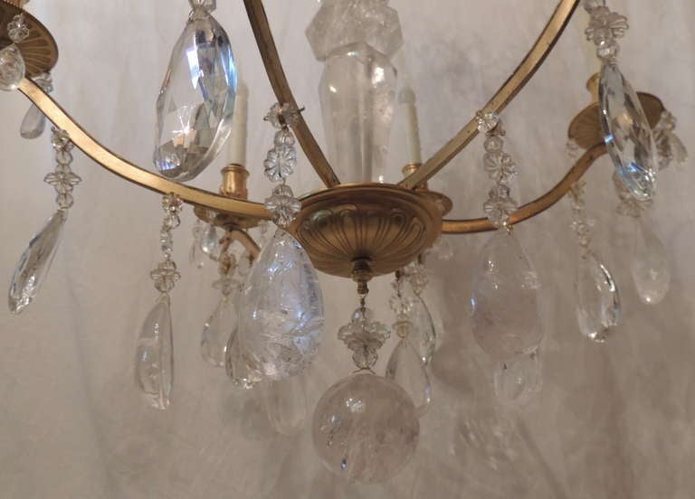 Unusual Modern French Doré Bronze and Rock Crystal Six-Arm Bagues Chandelier In Excellent Condition For Sale In Roslyn, NY
