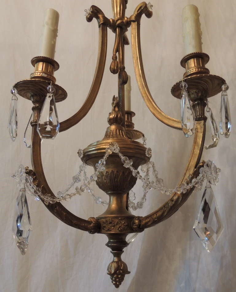 20th Century Elegant French Empire Doré Bronze Crystal Three-Light Fixture Chandelier For Sale