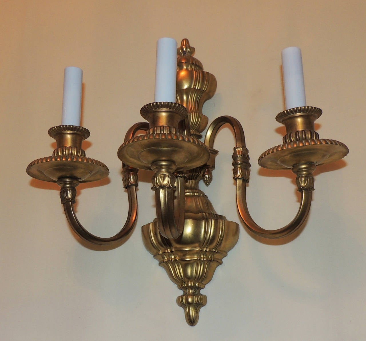American Wonderful Pair of Gilt Bronze Georgian Style Three-Light Sconces E. F. Caldwell For Sale