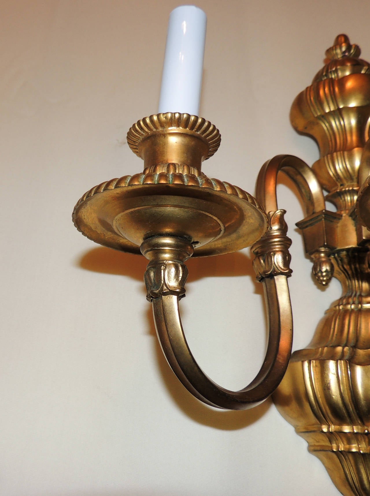 Wonderful Pair of Gilt Bronze Georgian Style Three-Light Sconces E. F. Caldwell In Fair Condition For Sale In Roslyn, NY