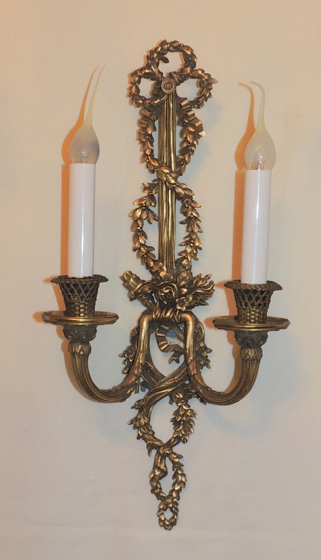 French Neoclassical Bow Top Roses and Basket Weave Dore Bronze Sconces
