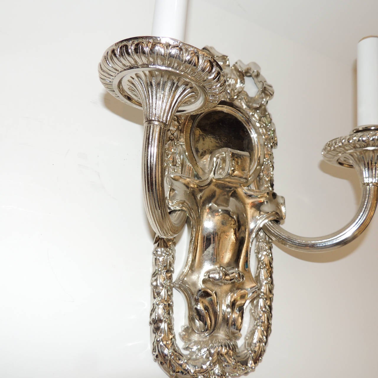 Incredible Pair Polished Nickel Silver Caldwell Bow Top Neoclassical Sconces 2
