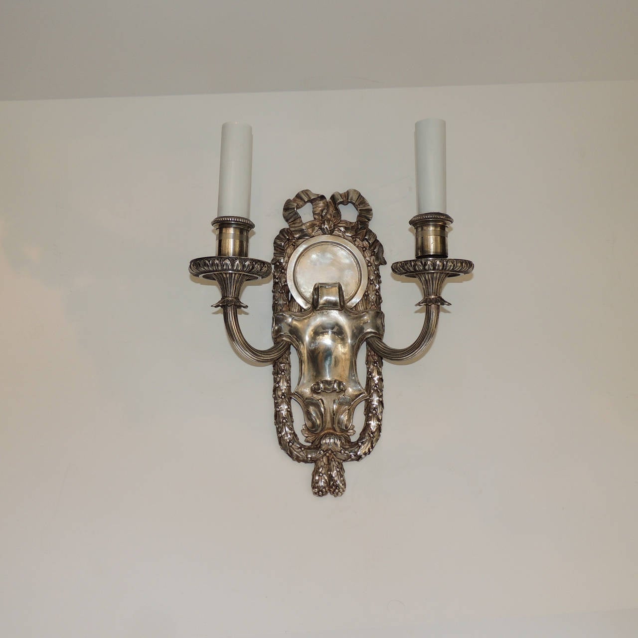 American Incredible Pair Polished Nickel Silver Caldwell Bow Top Neoclassical Sconces