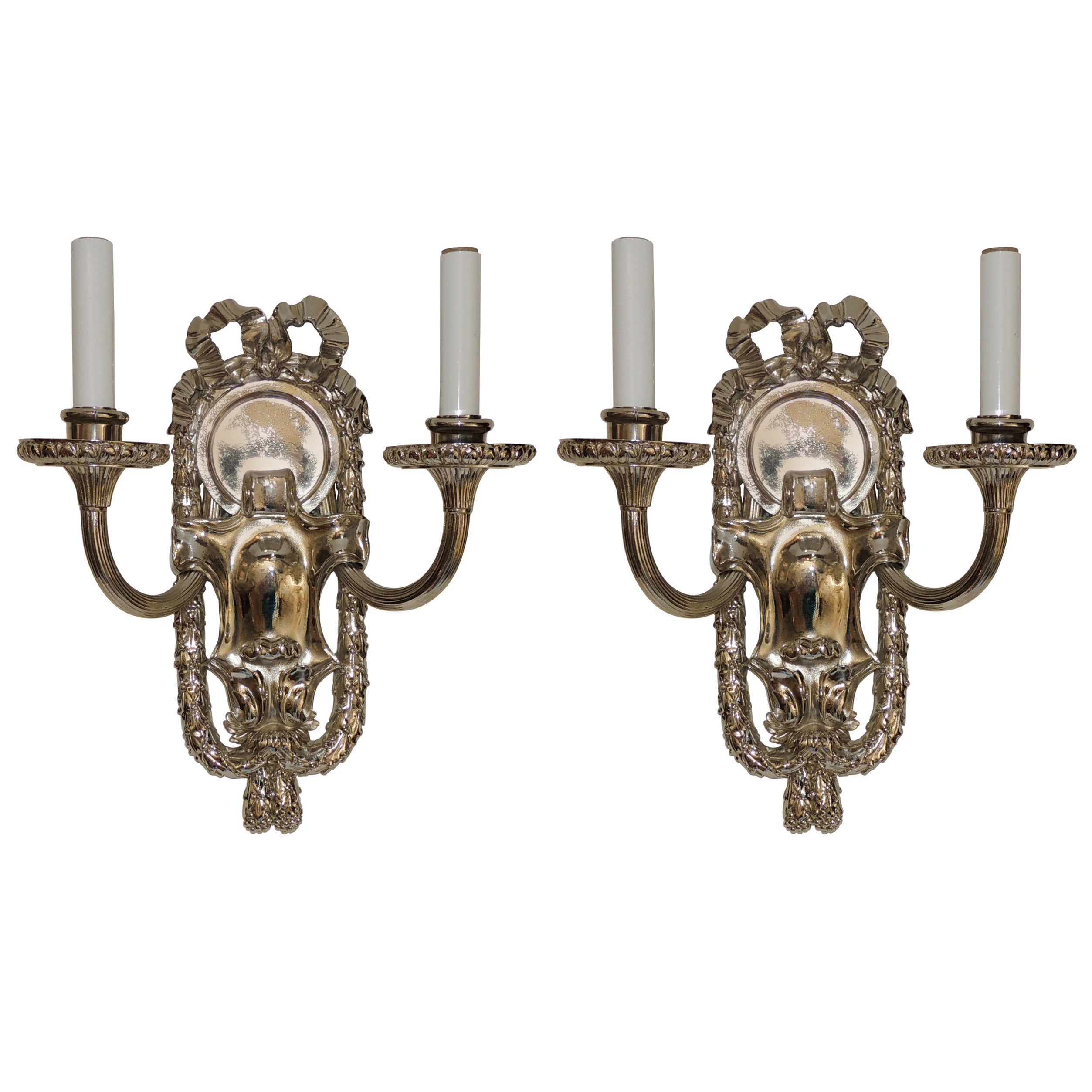 Incredible Pair Polished Nickel Silver Caldwell Bow Top Neoclassical Sconces
