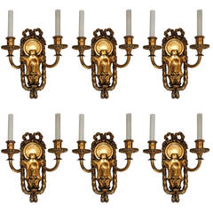 Elegant Set Six E.F. Caldwell Gilt Bronze Two-Arm Neoclassical Bow-Top Sconces