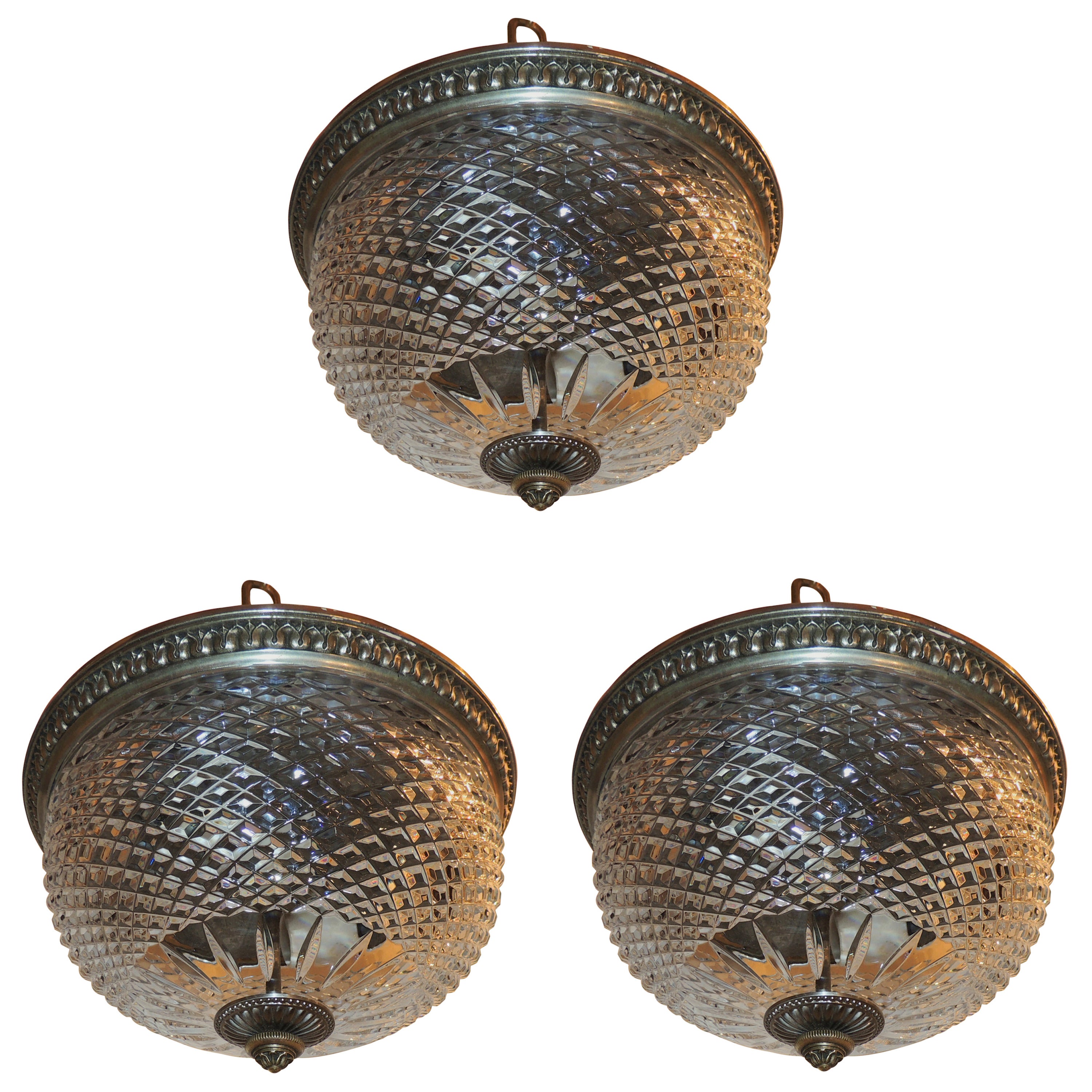 Incredible Set Of Three Caldwell Bronze Crystal Flush Mount Chandelier Fixtures