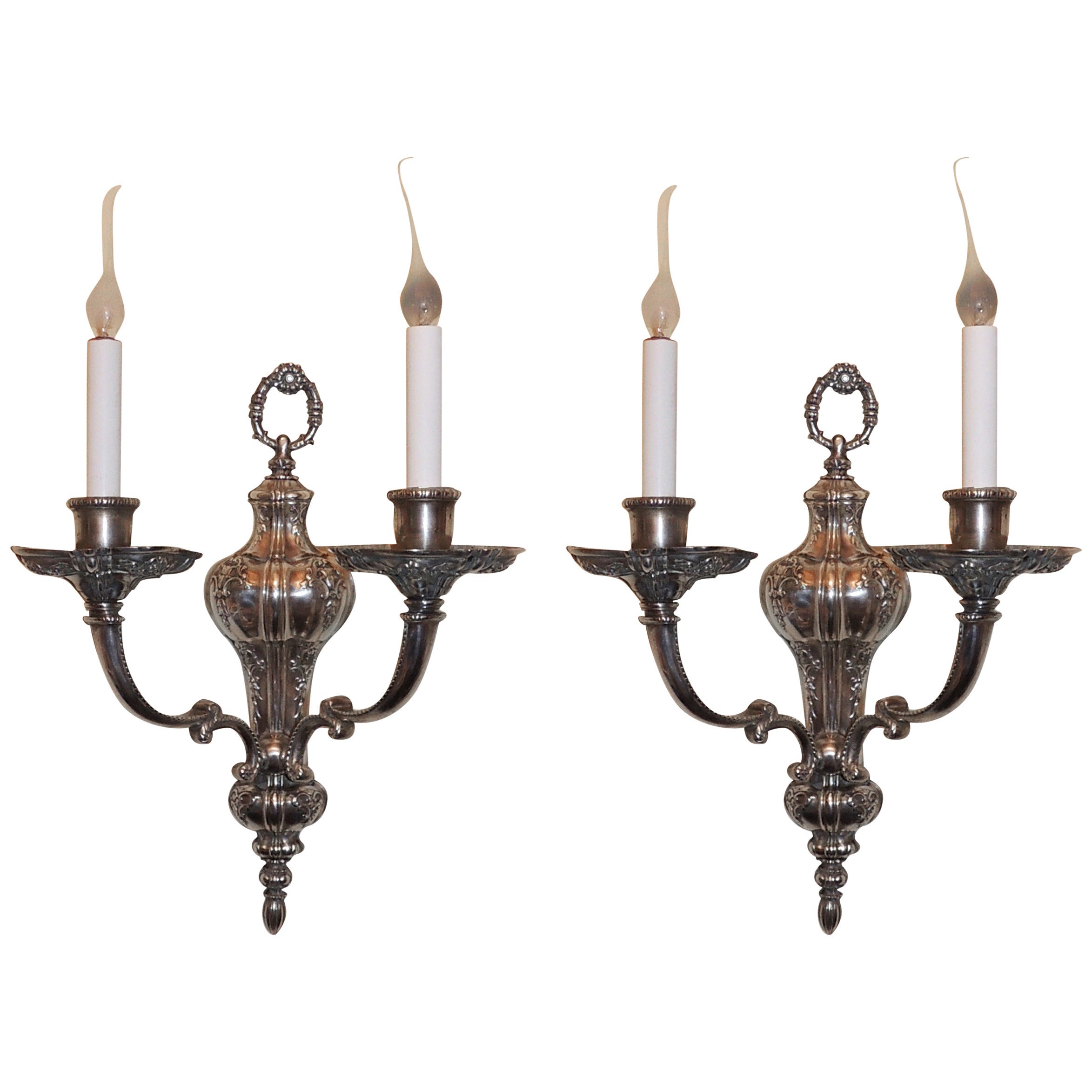 Exceptional Pair of Bronze Georgian Style Two-Light Sconces E. F. Caldwell For Sale