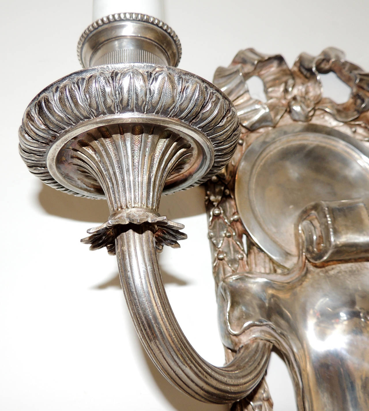 Elegant Pair of E.F. Caldwell Silvered Bronze Two-Arm Neoclassical Bow Sconces 1