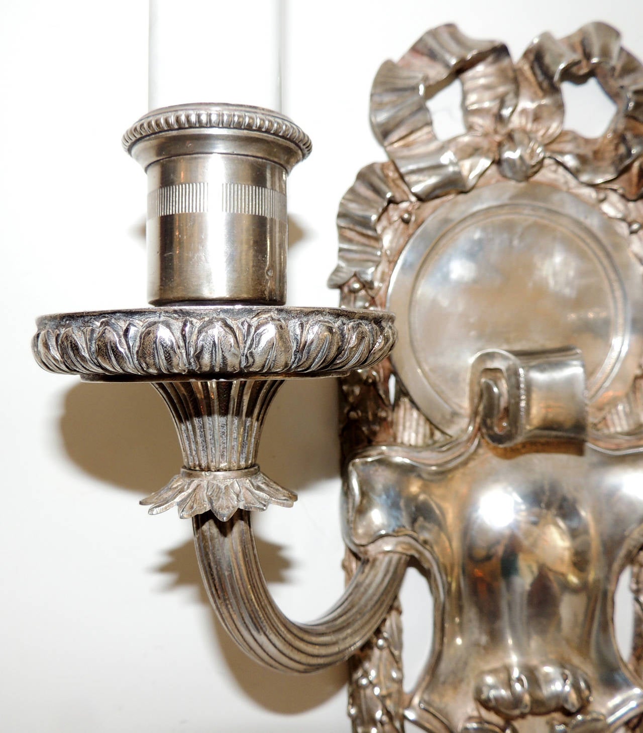 Elegant Pair of E.F. Caldwell Silvered Bronze Two-Arm Neoclassical Bow Sconces 2