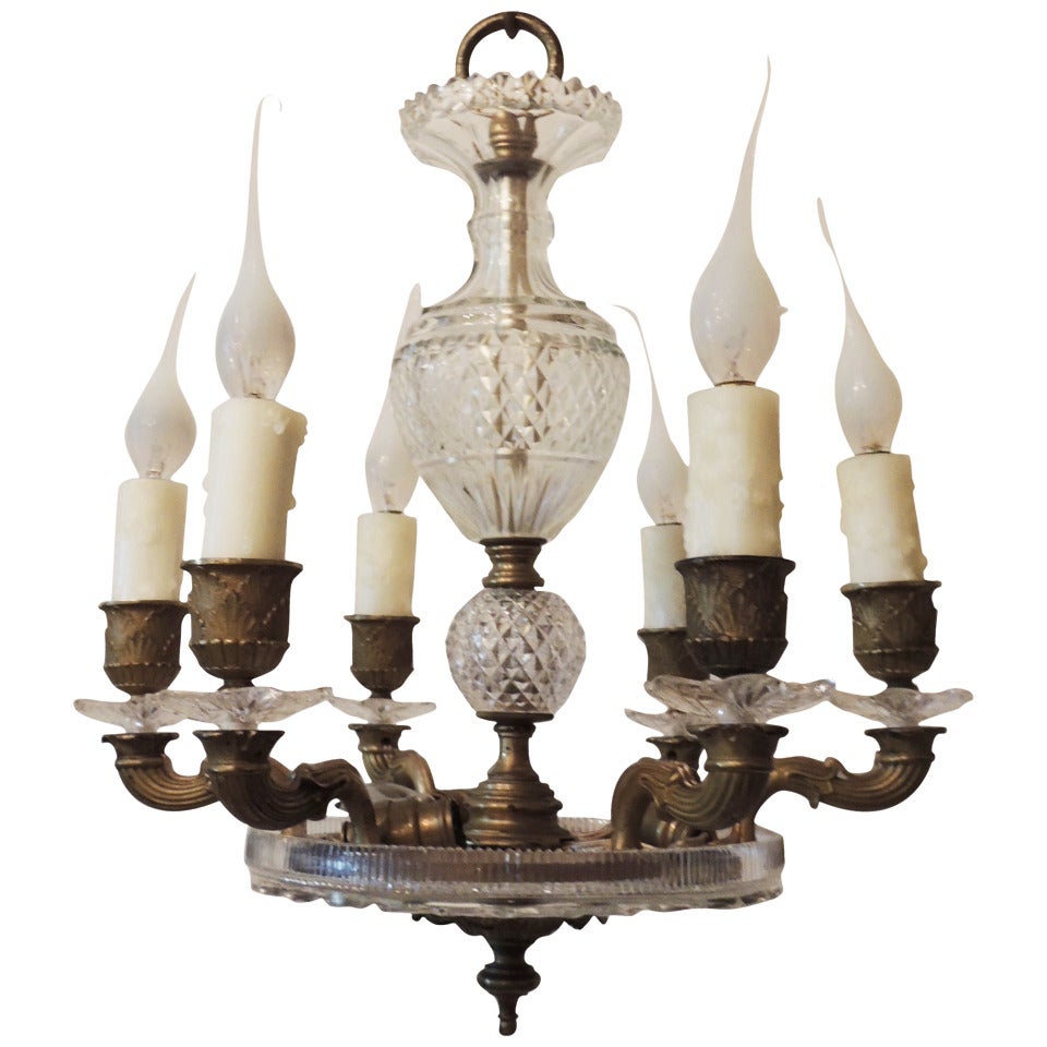 Neoclassical French Dore Bronze & Cut Crystal Six-Arm Empire Chandelier Fixture For Sale