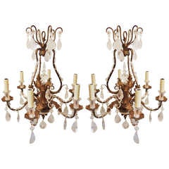 Vintage Pair of Gilt Metal Bagues Style Rock Crystal 6 Arm Chandeliers