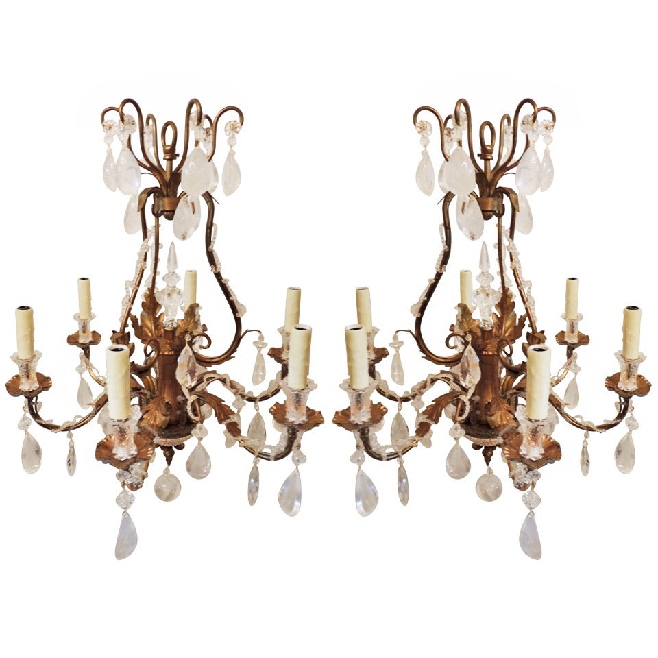 Pair of Gilt Metal Bagues Style Rock Crystal 6 Arm Chandeliers