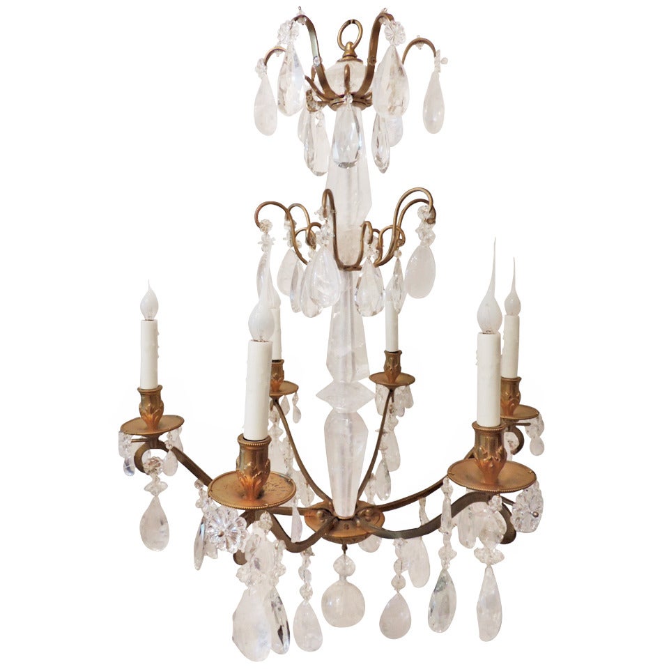 Unusual Modern French Doré Bronze and Rock Crystal Six-Arm Bagues Chandelier For Sale