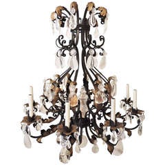 Outstanding Gilt Wrought Iron and Rock Crystal Bagues Large Ten-Light Chandelier