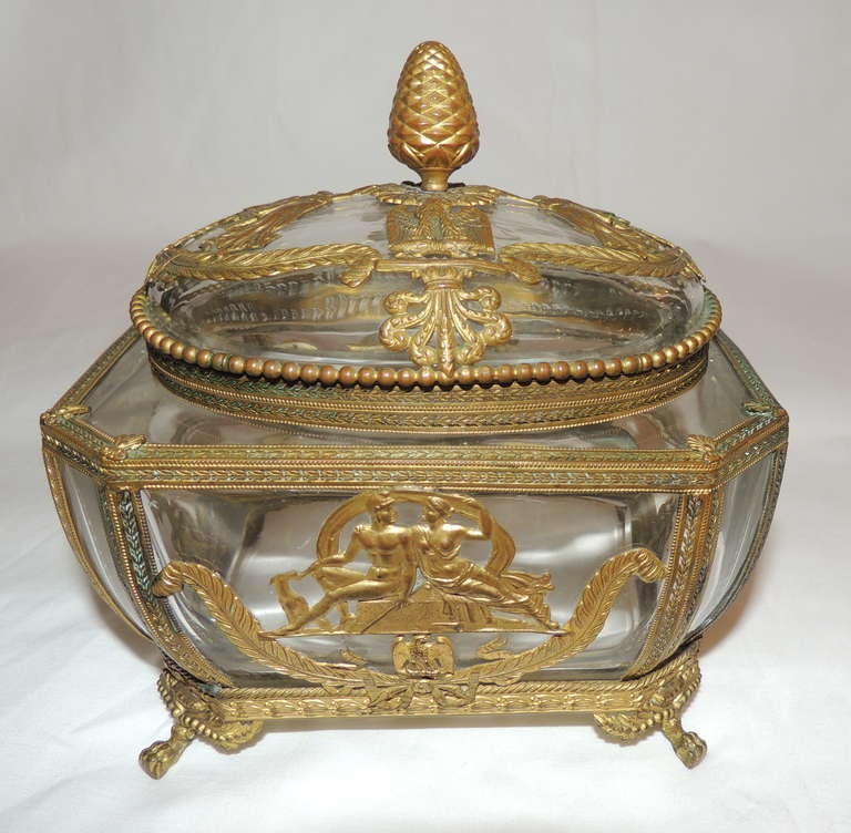 A Wonderful French Empire Gilt Bronze Ormolu Mounted Crystal Glass Box Casket In The Neoclassical Design With Removable Lid.