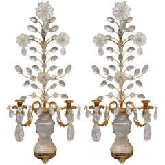 Pair of Gilt Metal & Rock Crystal Block Urn Form, Two-Arm Bagues Sconces 2