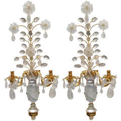 A Stunning Pair Of Gilt Metal and Rock Crystal Urn Form, Two Arm Sconces