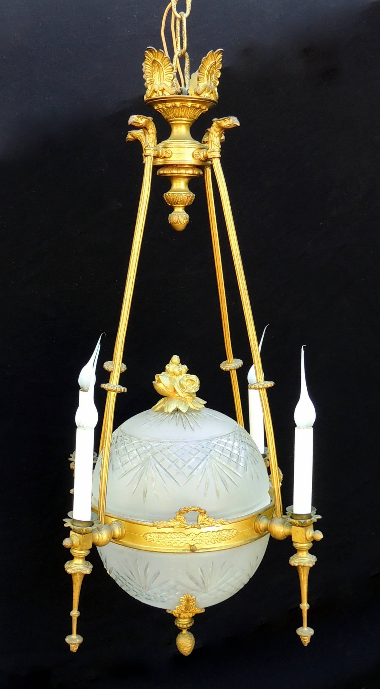 Wonderful French Empire Dore Bronze Etched Crystal Bowl Chandelier Fixture