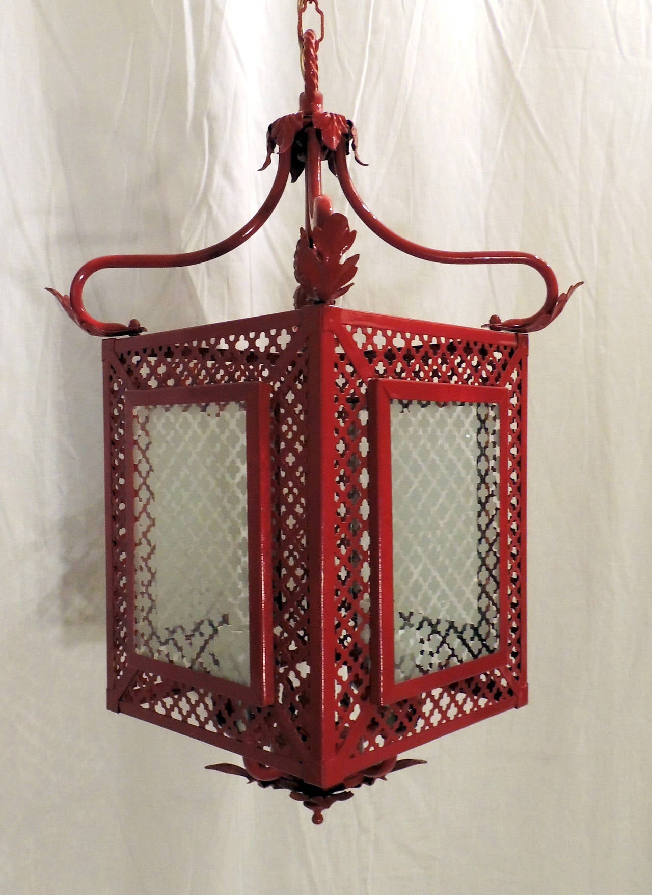 Red Pierced Four-Light Lantern Chandelier with Quatrefoil Frosted Glass