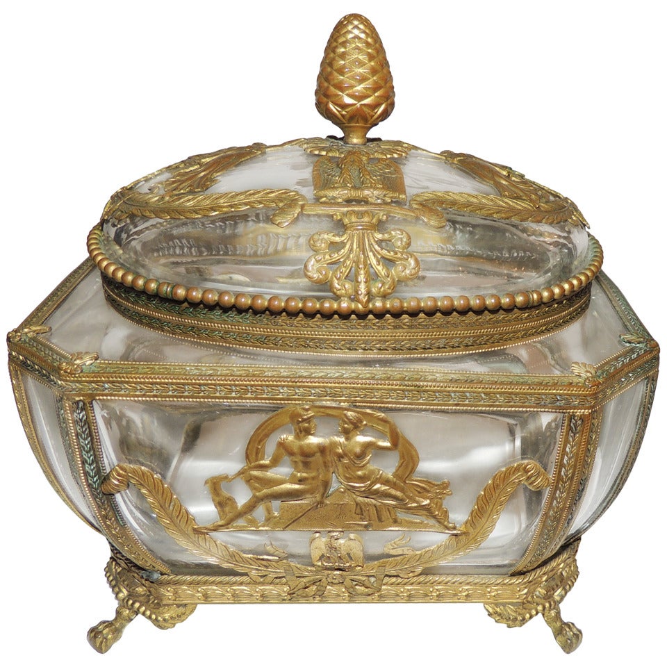 Wonderful French Empire Bronze Ormolu Mounted Crystal Box Casket Neoclassical