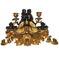 Very Fine Linke Figural Doré Bronze Crystal Inkwell Ormolu Drawer Candelabra