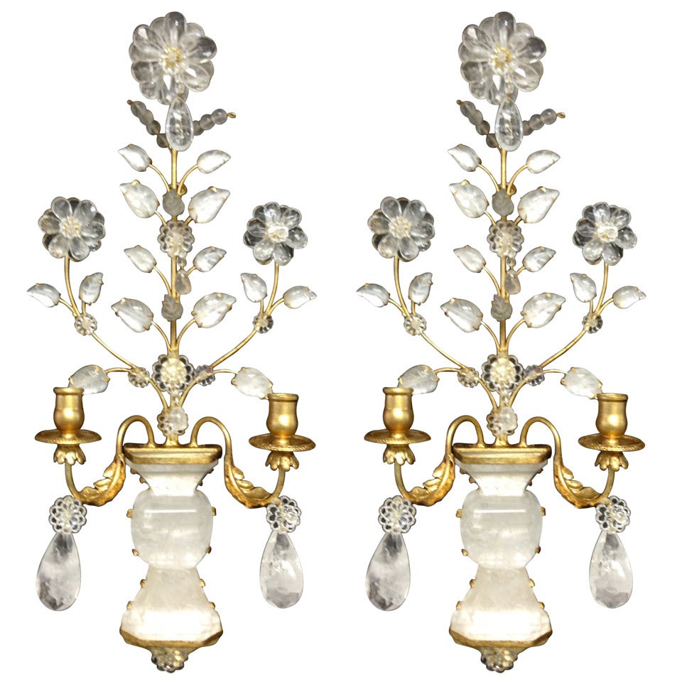 An Elegant Pair Of Gilt & Rock Crystal Two Arm Sconces In The Manor Of Bagues