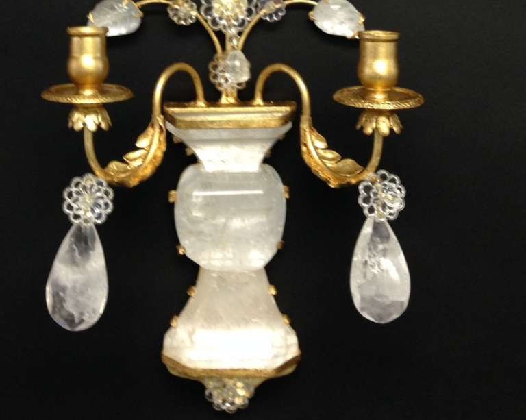 Metal An Elegant Pair Of Gilt & Rock Crystal Two Arm Sconces In The Manor Of Bagues