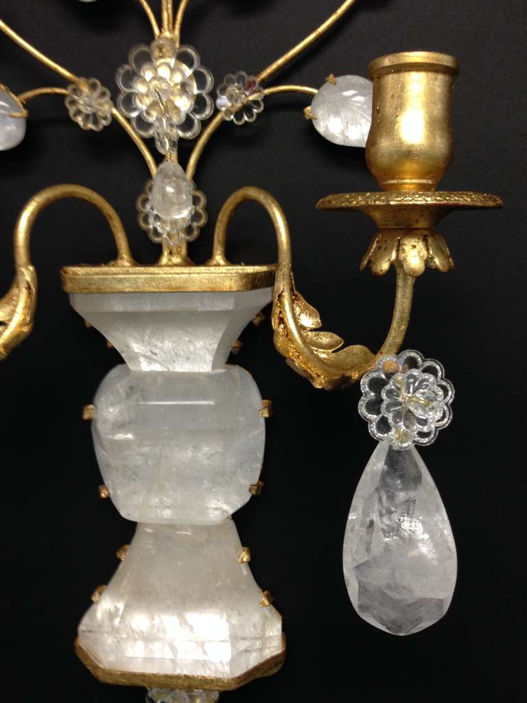 20th Century An Elegant Pair Of Gilt & Rock Crystal Two Arm Sconces In The Manor Of Bagues