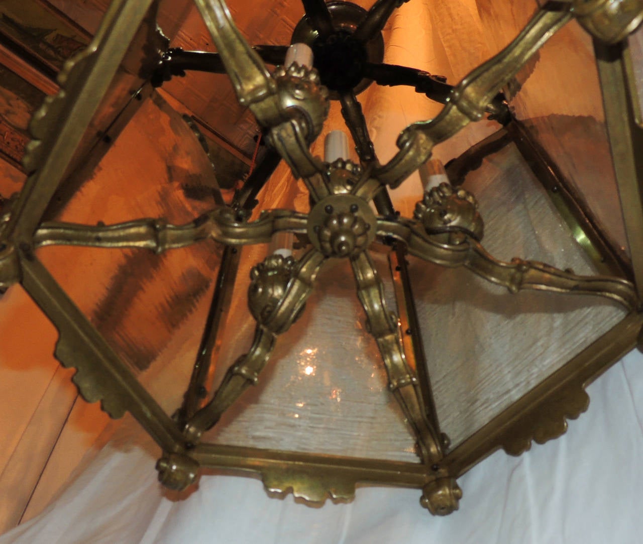 Early 20th Century Wonderful Caldwell Bronze Hexagon Four-Light Lantern Chandelier Original Glass