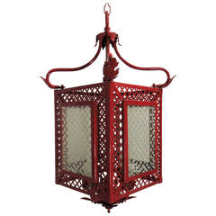 Red Pierced Four-Light Lantern Chandelier with Quatrefoil Frosted Glass