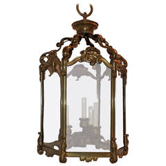 Wonderful Caldwell Bronze Hexagon Four-Light Lantern Chandelier Original Glass 2