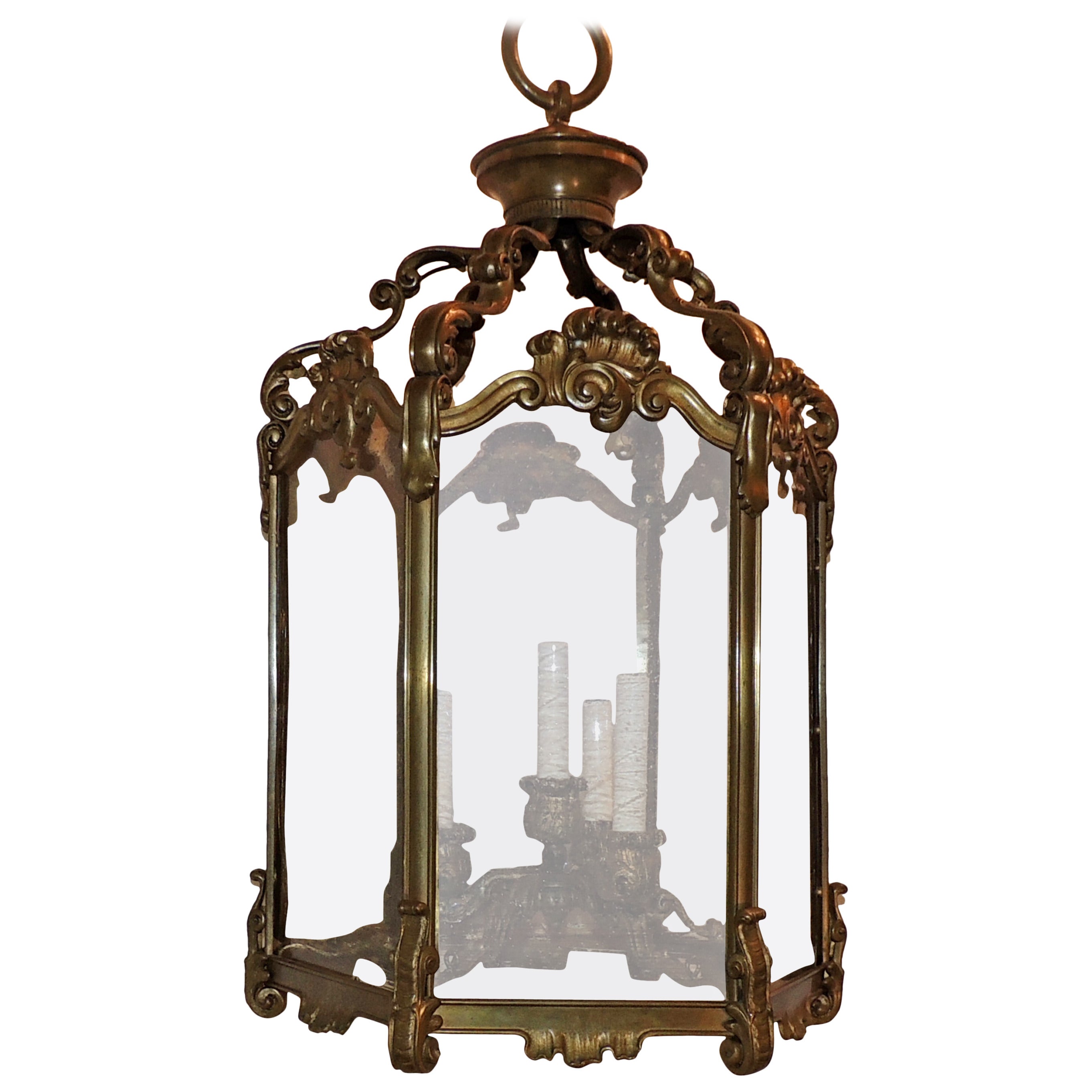 Wonderful Caldwell Bronze Hexagon Four-Light Lantern Chandelier Original Glass