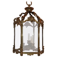 Wonderful Caldwell Bronze Hexagon Four-Light Lantern Chandelier Original Glass