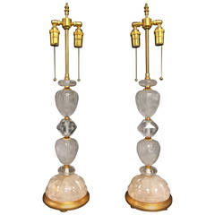 Wonderful Pair of Modern Transitional Rock Crystal & Giltwood Base Table Lamps