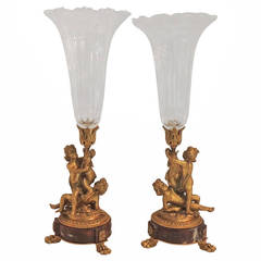 An Elegant Pair of French Gilt Bronze and Rouge Marble Ormolu Cherub Vases