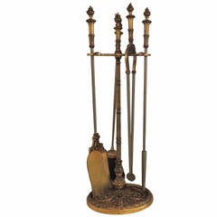 Antique An Elegant Set Of French Fire Place Tools With Beutiful Medallion & Stand