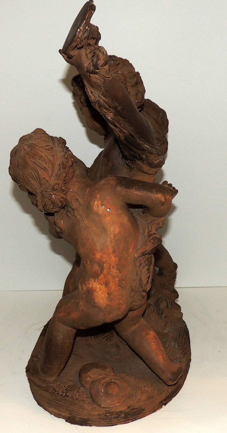 Wonderful Terracotta Statue Group of Three Children at Play Signed F. Cian In Good Condition For Sale In Roslyn, NY