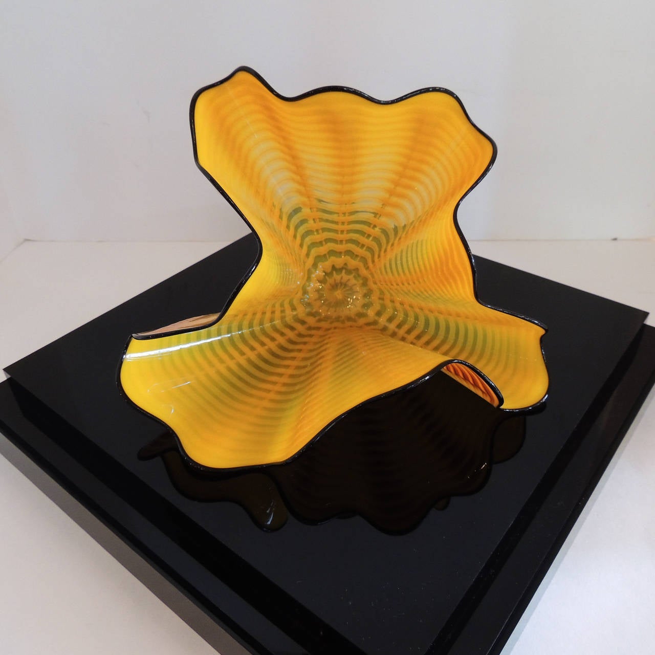 Contemporary Rare Dale Chihuly’S Persian Pair in Bright Yellow Swirling Form with Black Trim