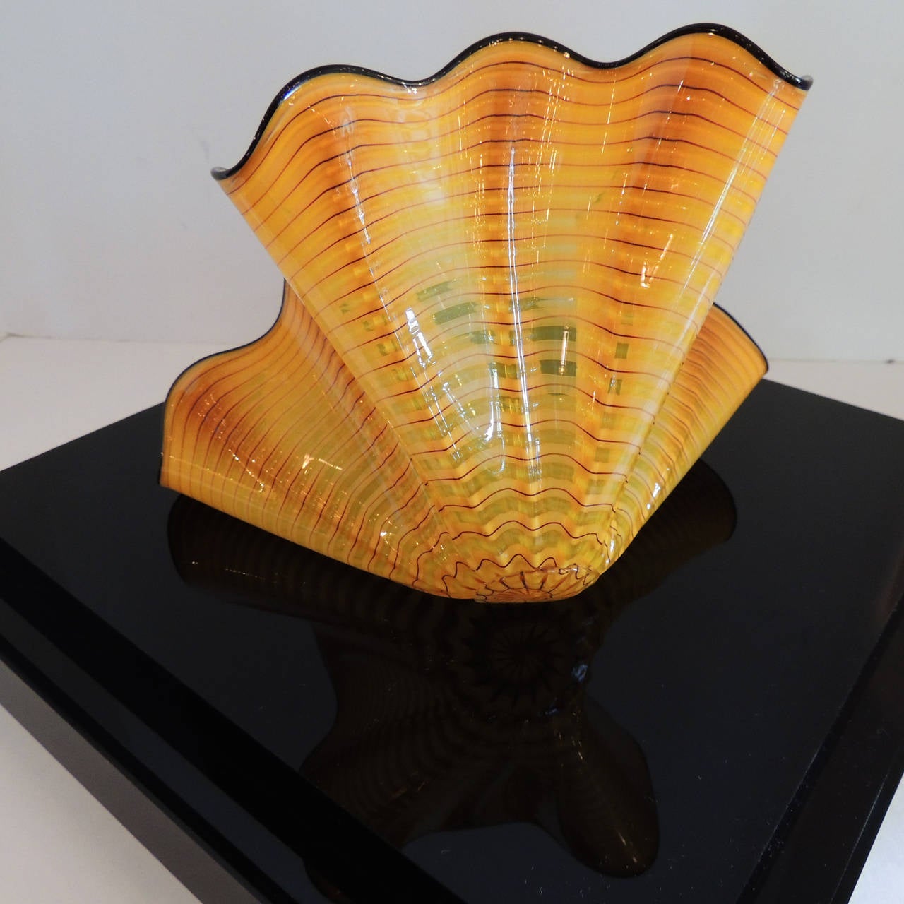 Blown Glass Rare Dale Chihuly’S Persian Pair in Bright Yellow Swirling Form with Black Trim