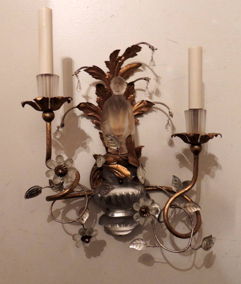 A Fabulous Pair Of Sherle Wagner Gilt & Crystal Chinoiserie Two-Arm Sconces With Male And Female Figures.