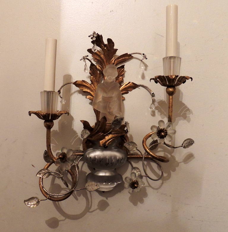 American A Fabulous Pair Of Sherle Wagner Crystal Chinoiserie Two-Arm Sconces