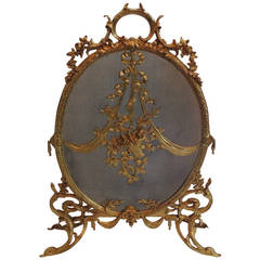 French Dore Bronze Oval Fire Place Screen with Ribbon Swags Flowers Firescreen