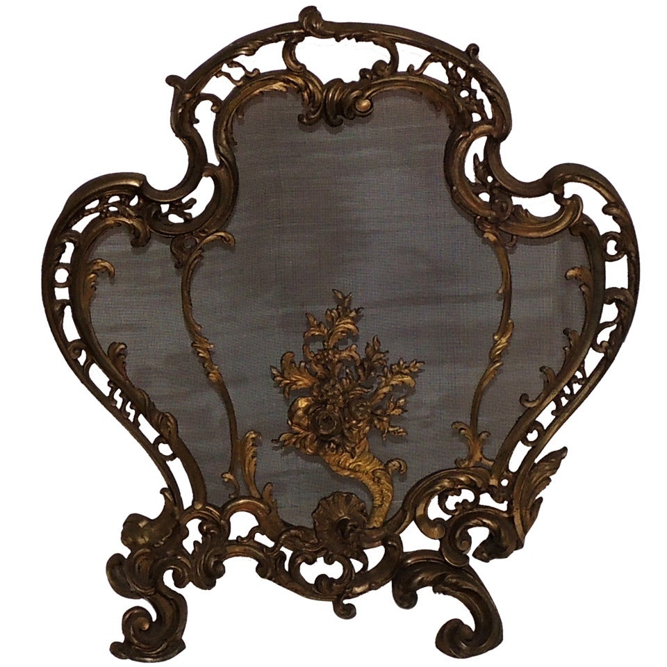 French Dore Ormolu Bronze Fire Place Screen Floral Bouquet Scrollwork Firescreen