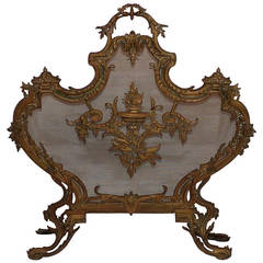 French Antique Doré Neoclassical Ormolu Bronze Fireplace Screen Fire Screen