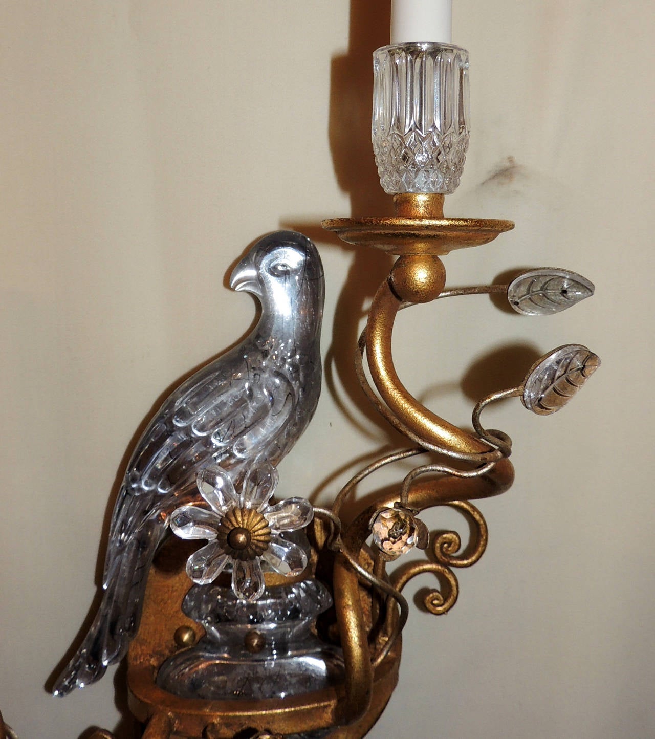 French Wonderful Gilded Maison Bagues Glass Rock Crystal Style Parrot Bird Sconce