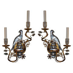 Pair of Gilded Maison Bagues Glass Rock Crystal Style Parrot Bird Sconces