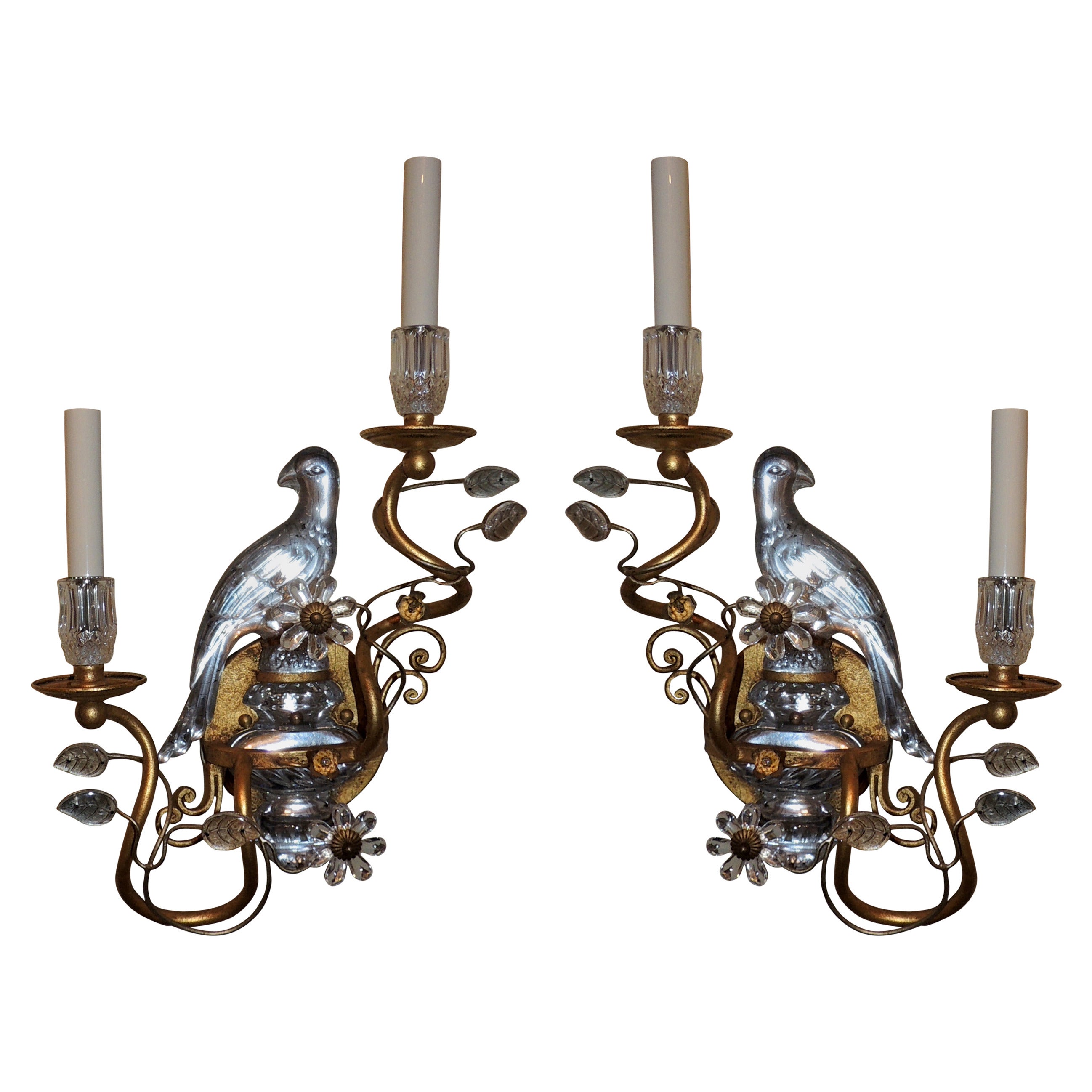 Pair of Gilded Maison Bagues Glass Rock Crystal Style Parrot Bird Sconces